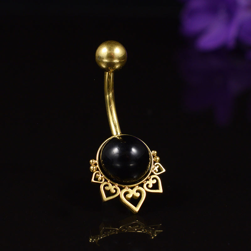 Gold Navel Belly Bar with Onyx Stone Arka