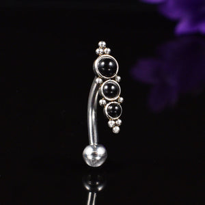 reverse navel belly bar with black onyx stones