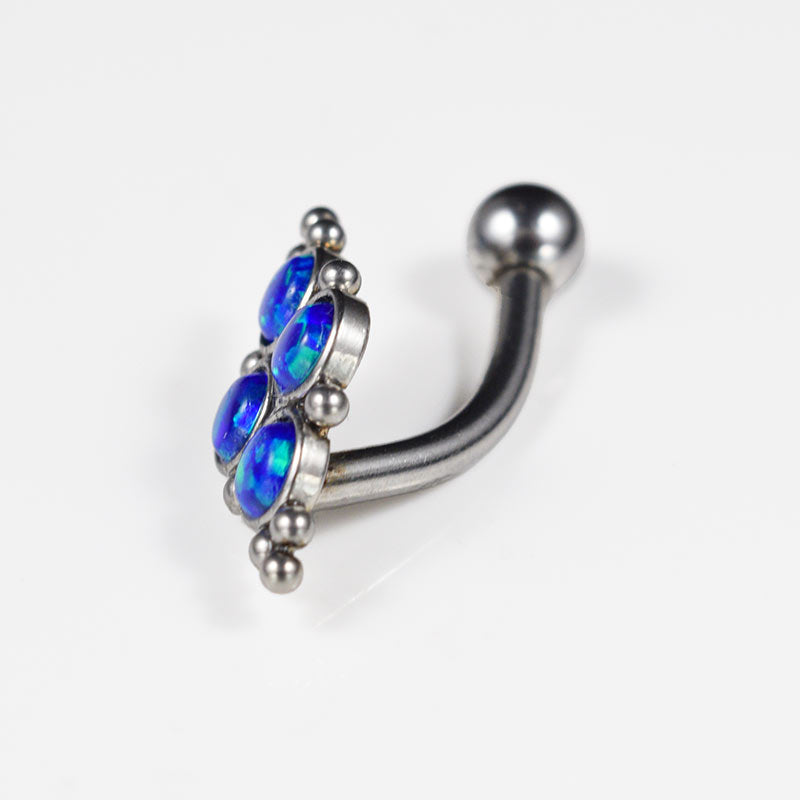 reverse belly bar with blue opal cluster