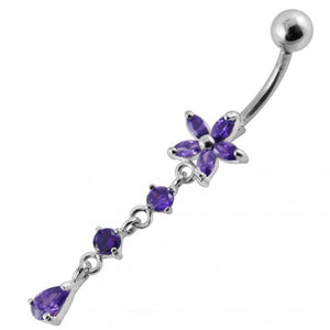 purple flower navel bar with dangling purple gems