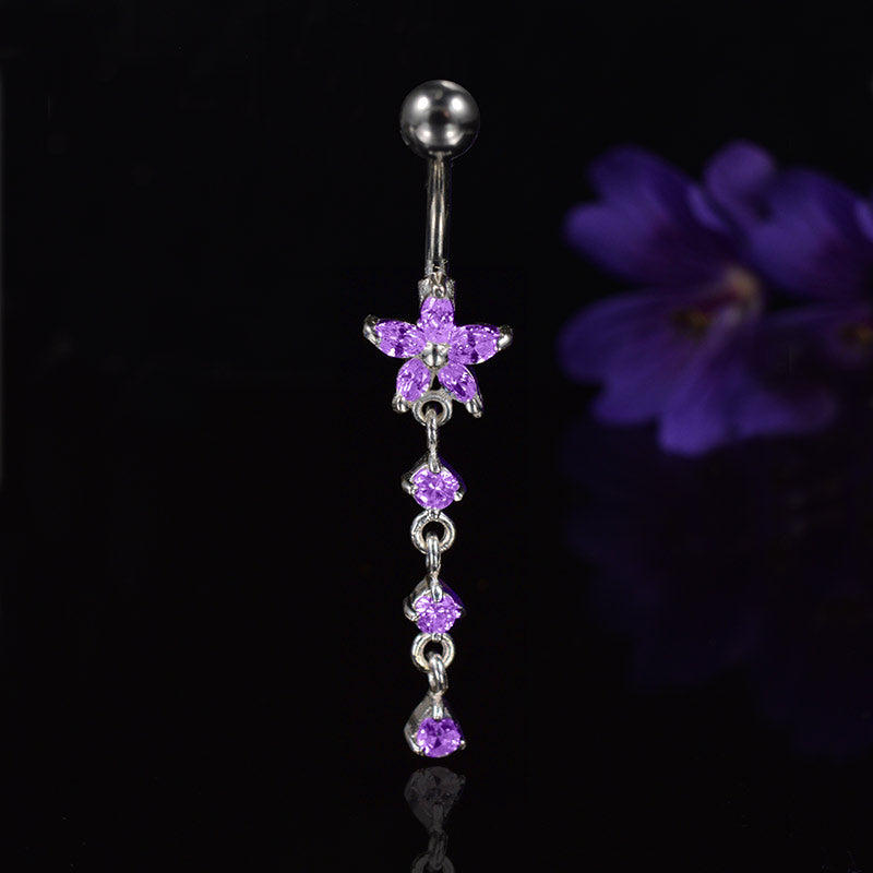 purple flower belly bar with dangling purple gems