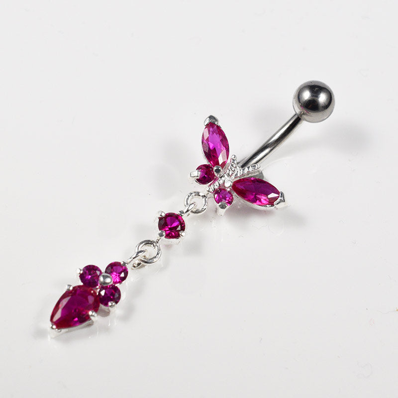 fuchsia butterfly belly bar with dangling gems