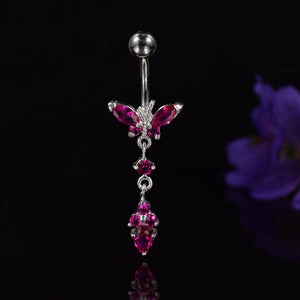 fuchsia butterfly silver ended navel bar with dangling gems