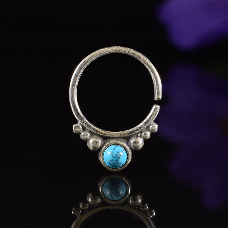Sterling silver tribal septum ring with turquoise stone