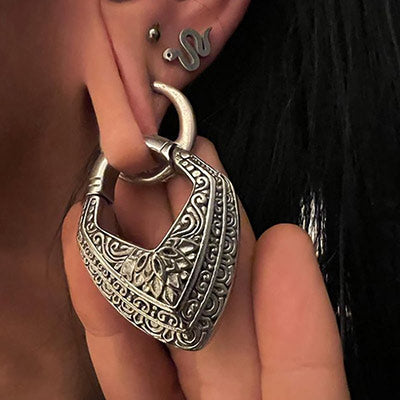 hinged ear weights in silver brass, ear hangers for stretched ear lobes, tribal indian design