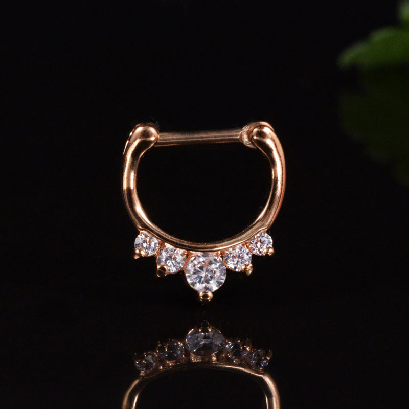 Small Rose Gold Septum Clicker Ring with 5 Crystal Gems 