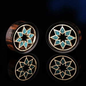 star of ishtar wooden ear tunnels with brass and turquoise inlay