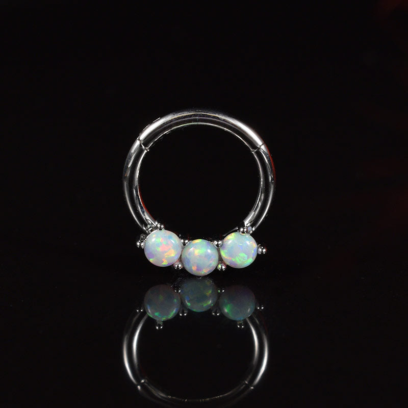 hinged segment piercing ring with triple opals for ear and cartilage piercings