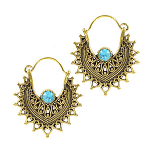 gypsy earrings in brass with heart mandala and turquoise stone