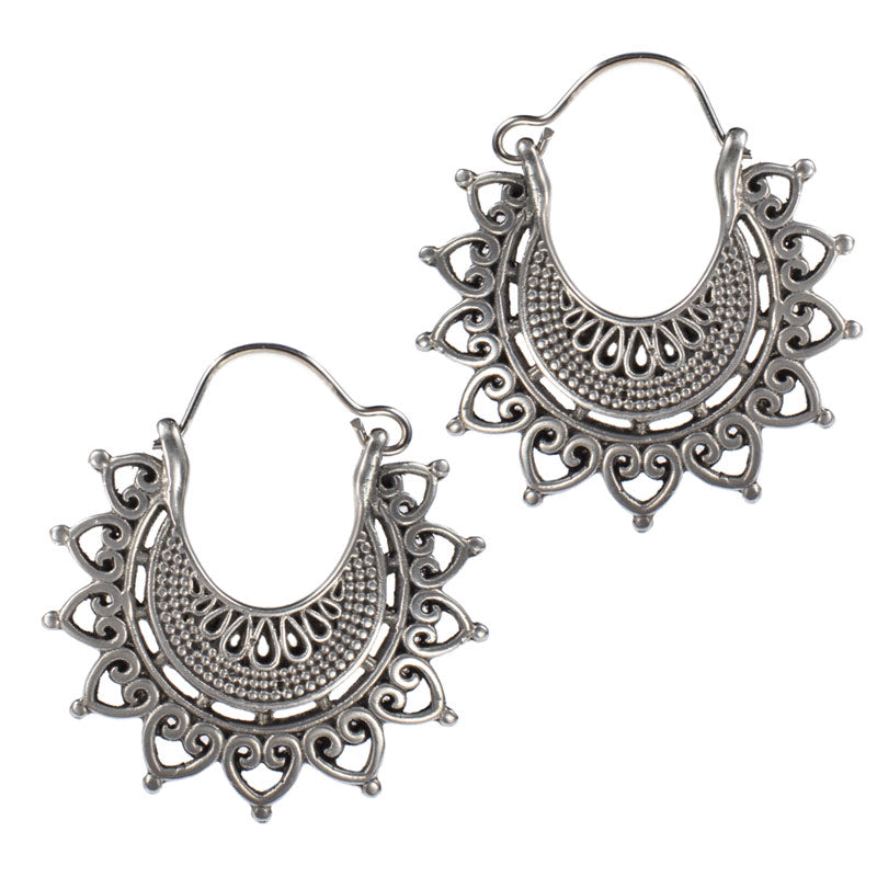 Silver Brass Indian Earrings 'Khara' Heart Mandala Arka