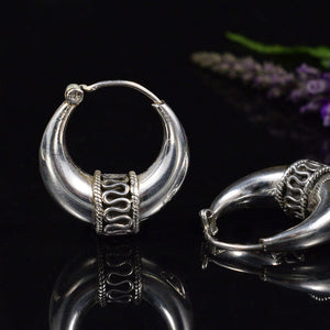 Indian Silver Kundal Earrings, Tribal, Bali, Hoops
