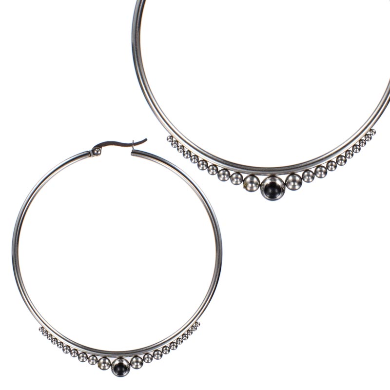 very large silver steel hoop earrings, tribal dots design with Onyx stone