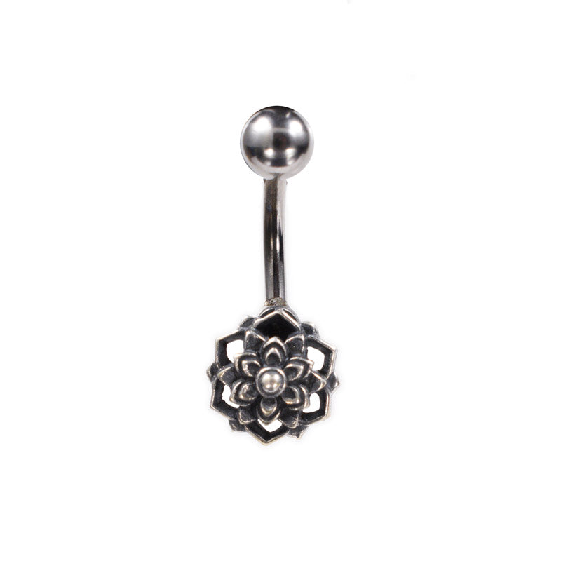 Silver Ended Navel Bar with Lotus Flower