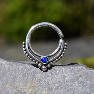 Silver Septum Ring with Deep Blue Opal