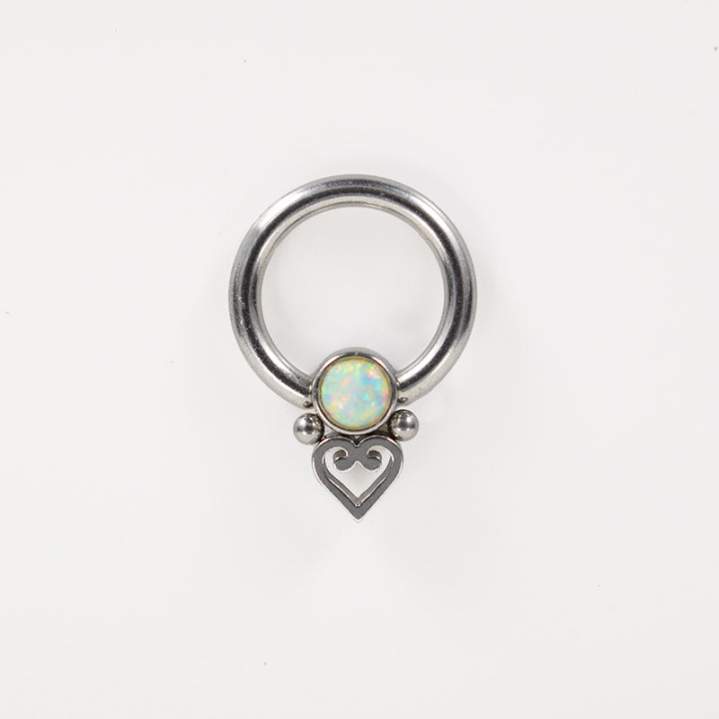 tiny bcr, 1.2mm x 6mm, surgical steel with opal stone and heart filigree