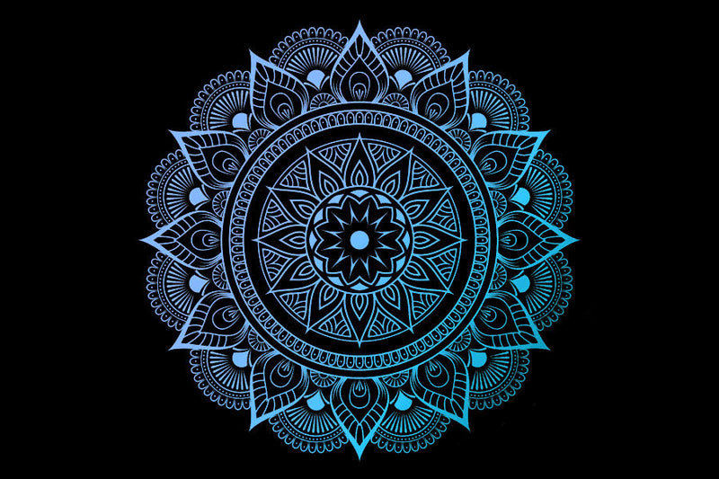 a blue mandala design on a black background