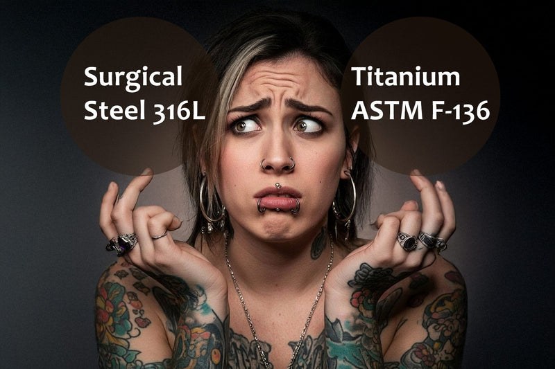 a woman trying to choose between surgical steel and titanium for her piercings