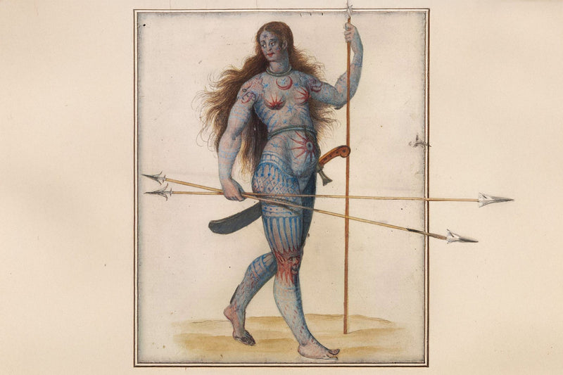 an old drawing of a tribal pictish woman of Scotland with tattoos over her whole body