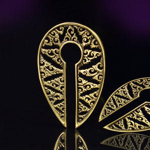 Keyhole Ear Hanger Weights in Gold Brass, Tibetan, Buddhist Design