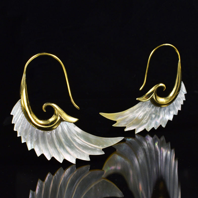 Angel wing earrings in hand carved mother of pearl and gold brass