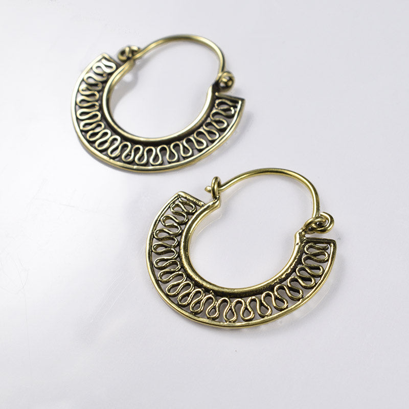 ethnic brass earrings with serpent wave