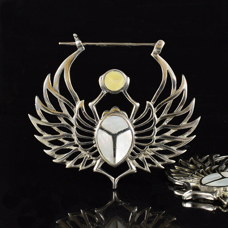 Egyptian Scarab Beetle Earrings on Golden Brass with Mother of Pearl