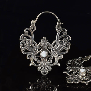 Bali ethnic earrings in filigree silver brass with mother of pearl