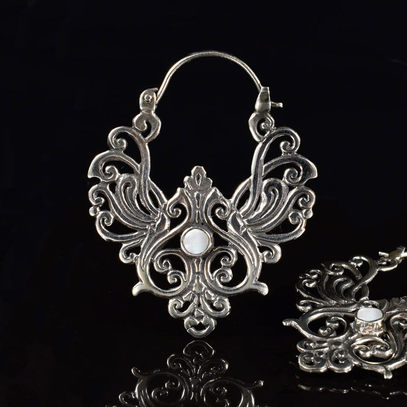 Bali ethnic earrings in filigree silver brass with mother of pearl