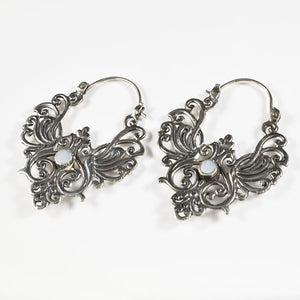 Bali ethnic silver brass earrings with filigree and mother of pearl