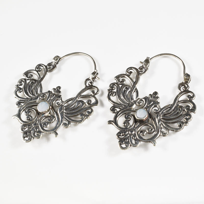 Bali ethnic silver brass earrings with filigree and mother of pearl