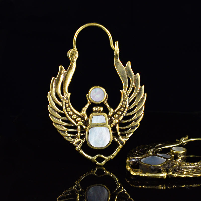 scarab beetle earrings in gold brass with mother of pearl