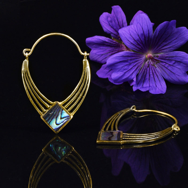 art deco style earrings in gold brass with abalone shell
