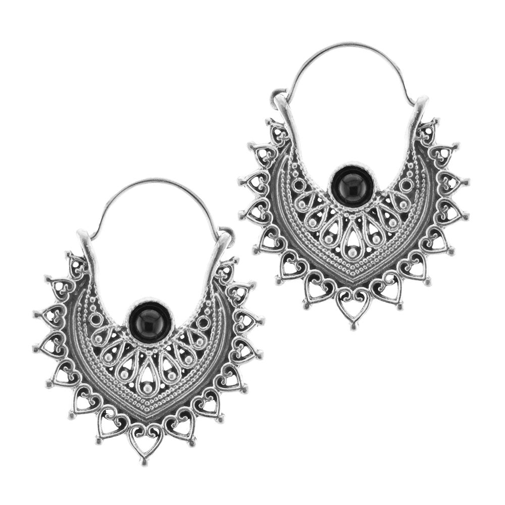 silver brass gypsy earrings with black onyx stones