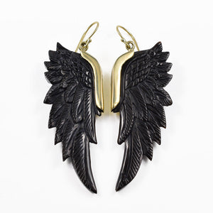 Angel wings earrings black horn and brass