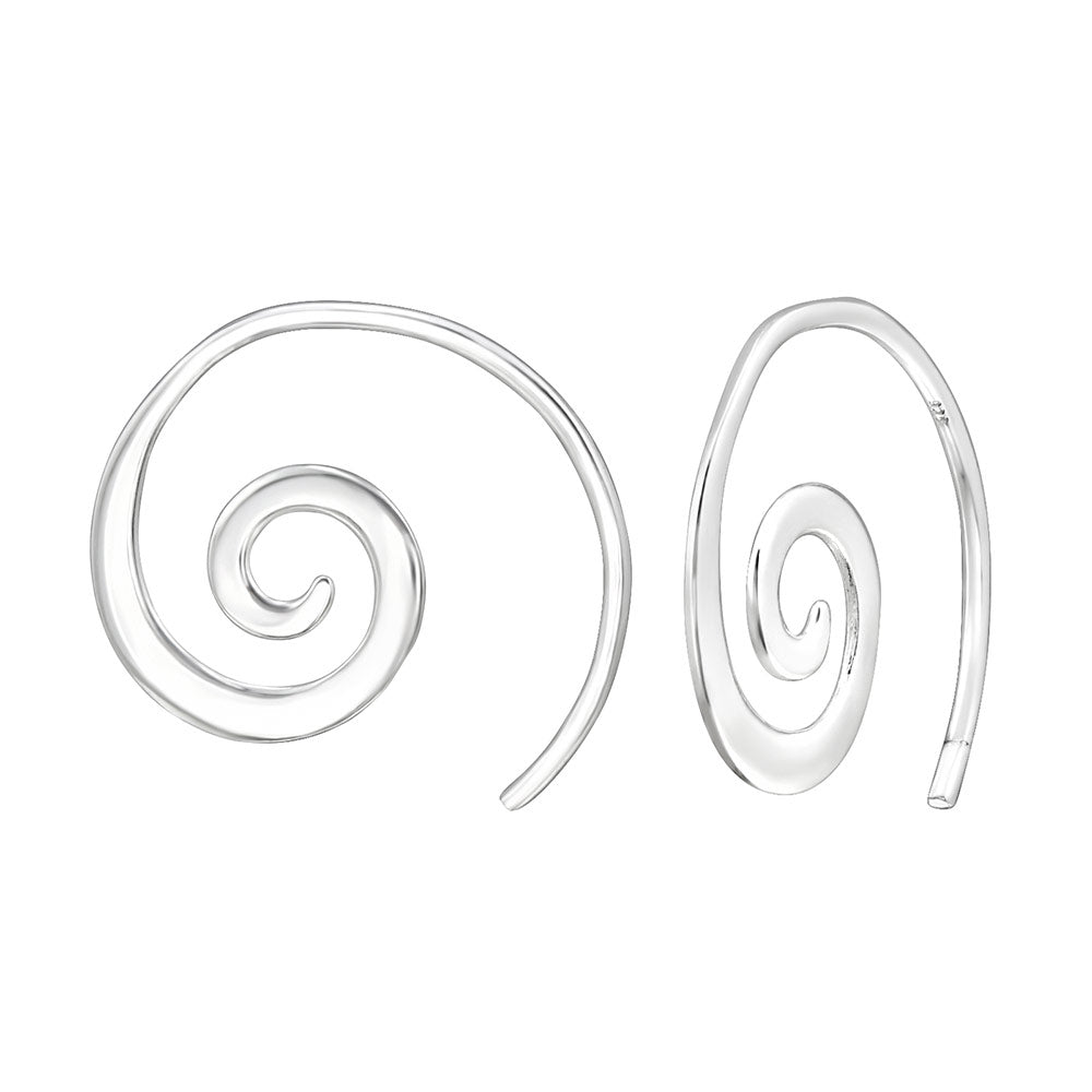 silver spiral earrings on a white background