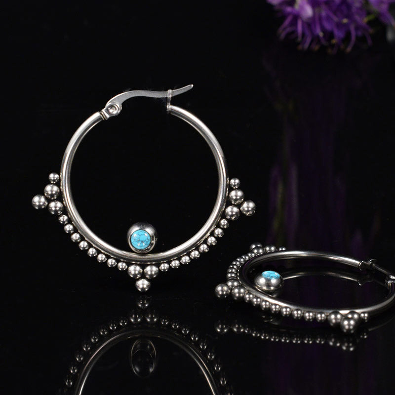tribal dot hoop earrings in steel with turquoise stone