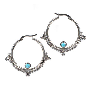 steel earrings with tribal dots and blue turquoise stone