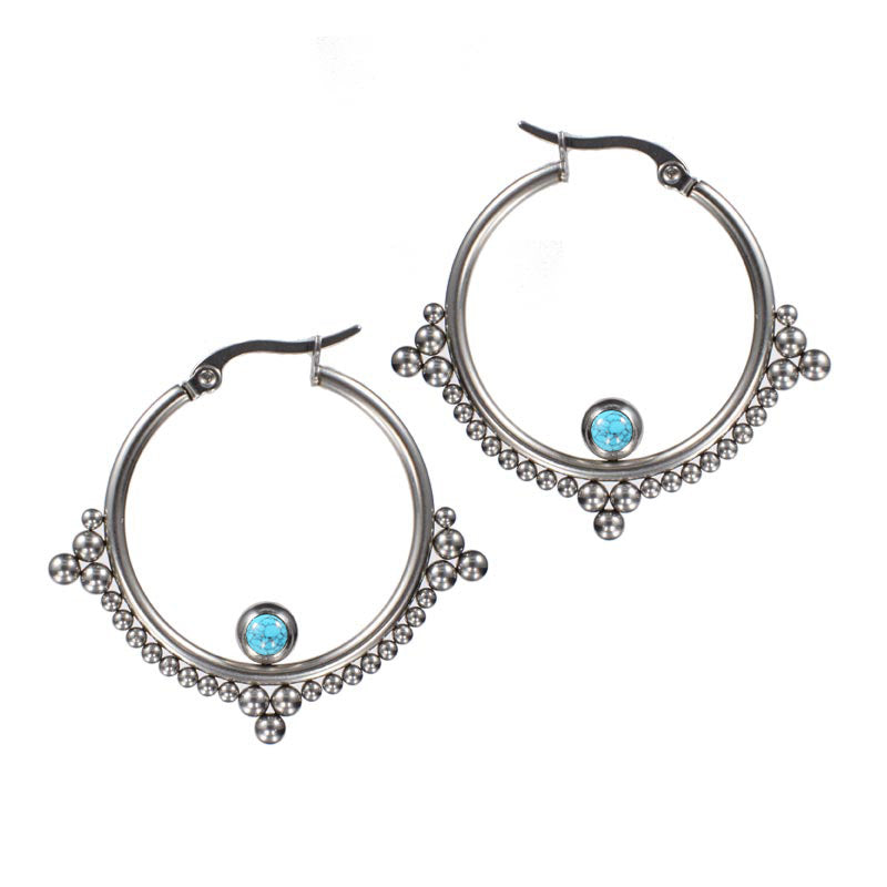 steel earrings with tribal dots and blue turquoise stone