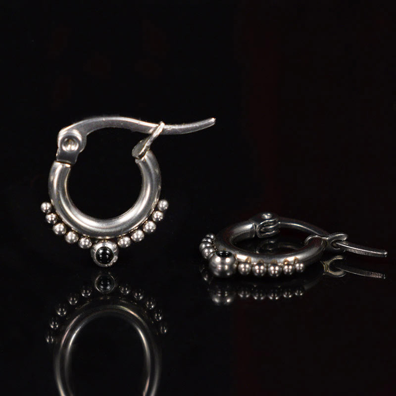 small tribal dot earrings in steel with black onyx stone