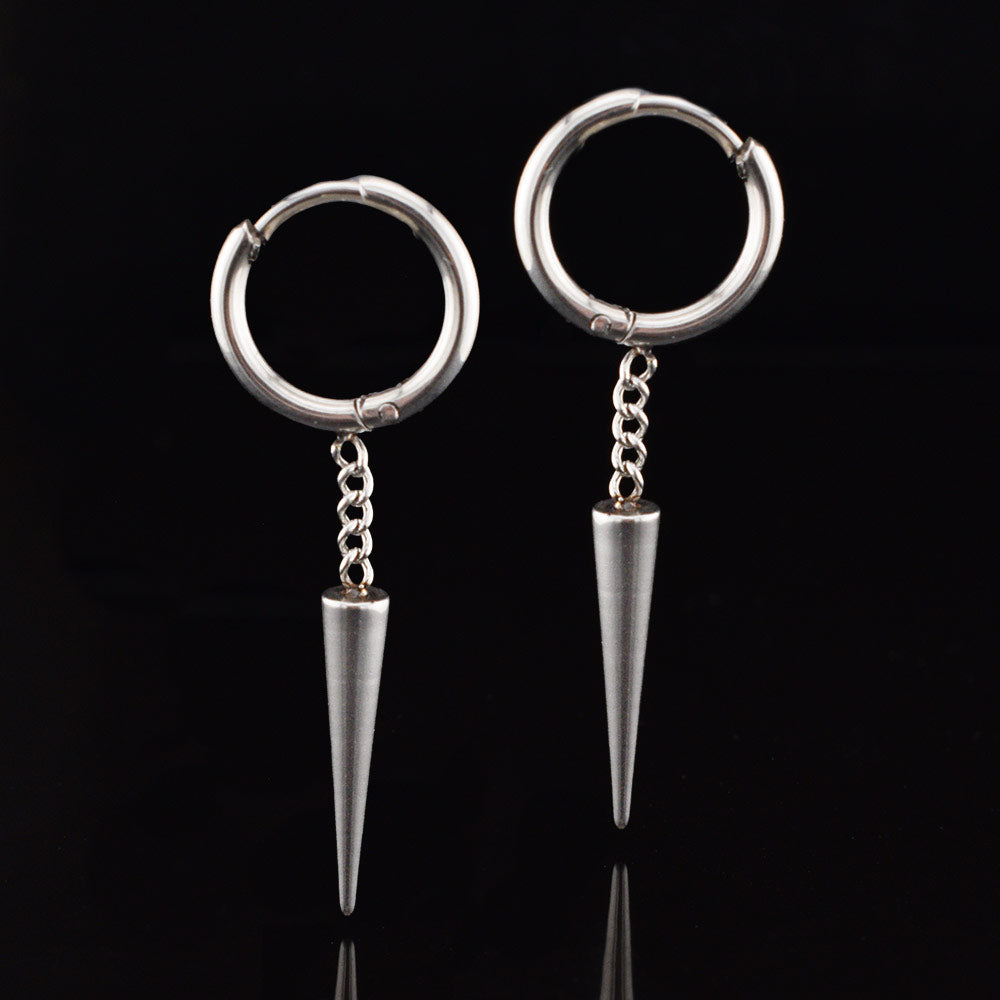 Steel Punk Huggy Earrings with Drop Spike on a Chain 