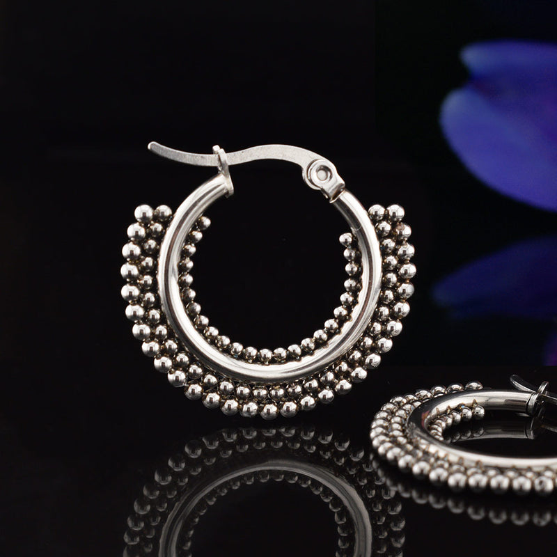 Steel Hoop Earrings with Triple rows of tribal beads
