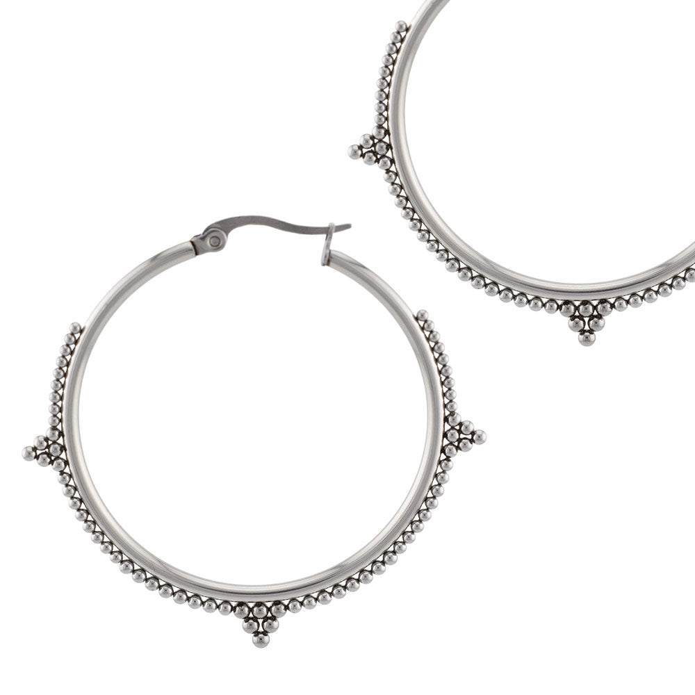 Hoop Earrings with Tribal Beading in Steel