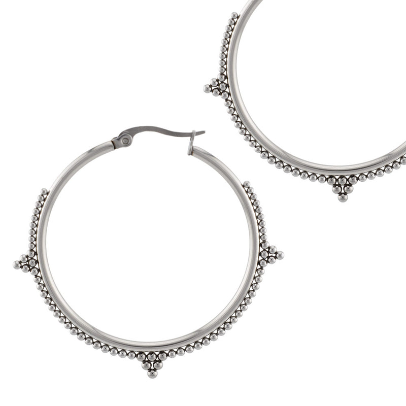 Hoop Earrings with Tribal Beading in Steel