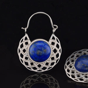 geometric sunflower design earrings in steel with lapis lazuli stone