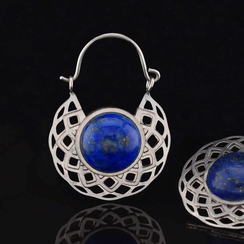 geometric sunflower design earrings in steel with lapis lazuli stone