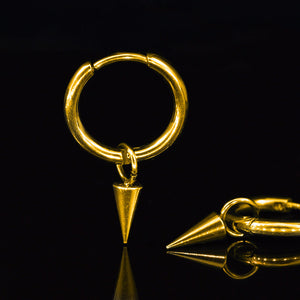 small hoop earrings with hanging spike in gold surgical steel