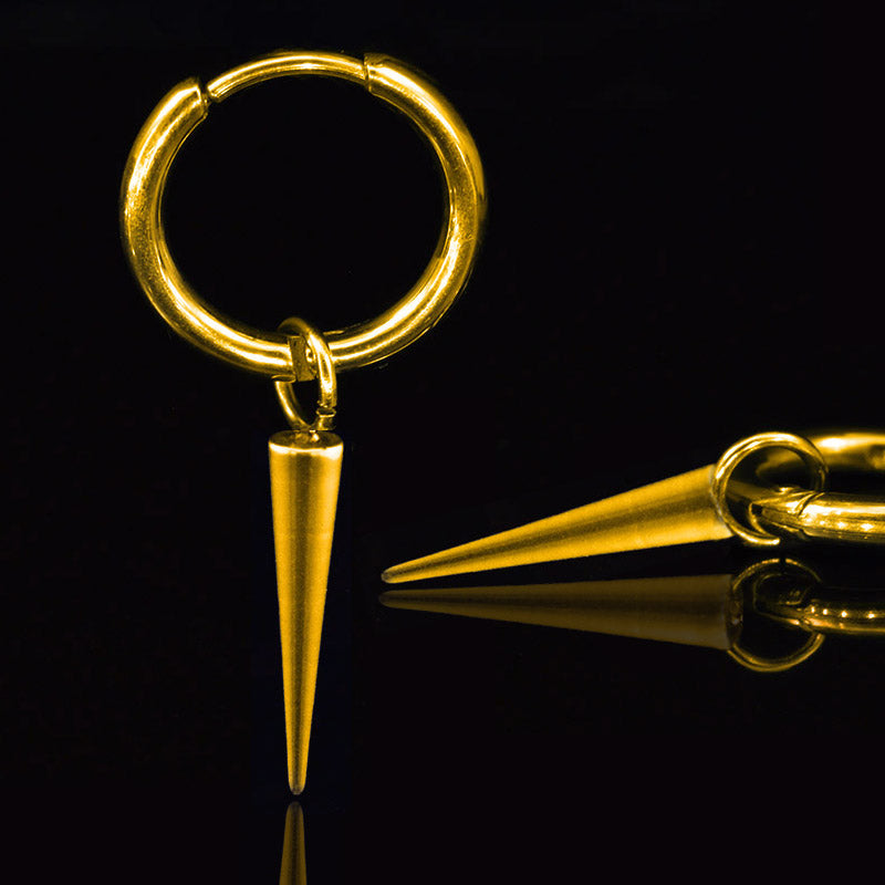 small hoop earrings with hanging spike in gold surgical steel