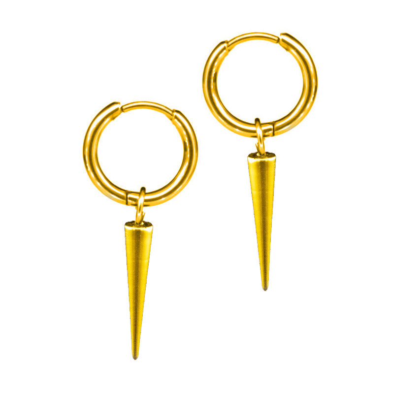 small hoop earrings with hanging spike in gold surgical steel on white background