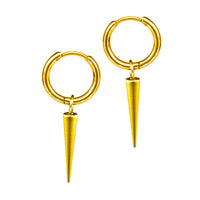 small hoop earrings with hanging spike in gold surgical steel on white background