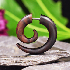fake ear stretcher spiral in wood, tribal  earrings